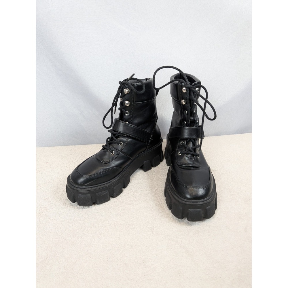 Combat Boots Womens Size 5.5 Black Platform Lug Sole Buckle Moto‎ Forever 21